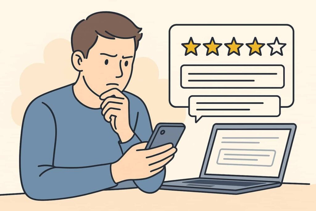 Consommateur vérifiant des avis en ligne avec notation 4 étoiles sur smartphone et ordinateur