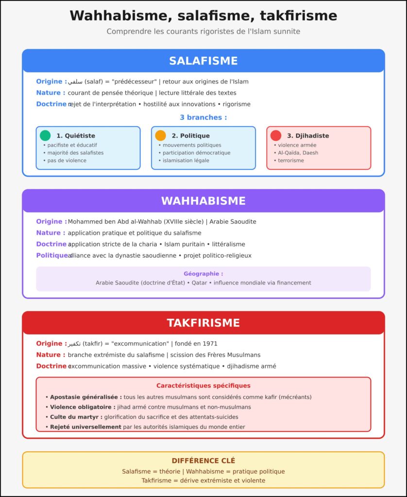 Infographie explicative des courants islamiques rigoristes : salafisme et ses 3 branches, wahhabisme saoudien, et takfirisme extrémiste avec leurs doctrines et différences
