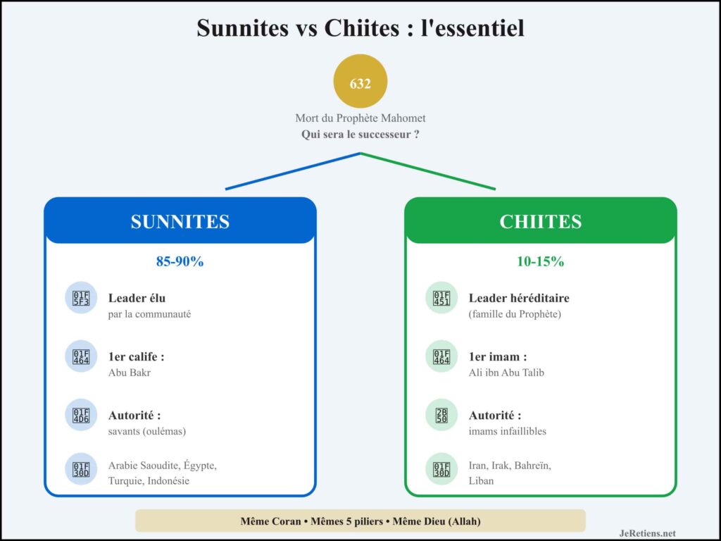 Schéma simplifié comparant sunnites (85-90%) et chiites (10-15%) : mode de désignation du leader, premiers successeurs et répartition géographique