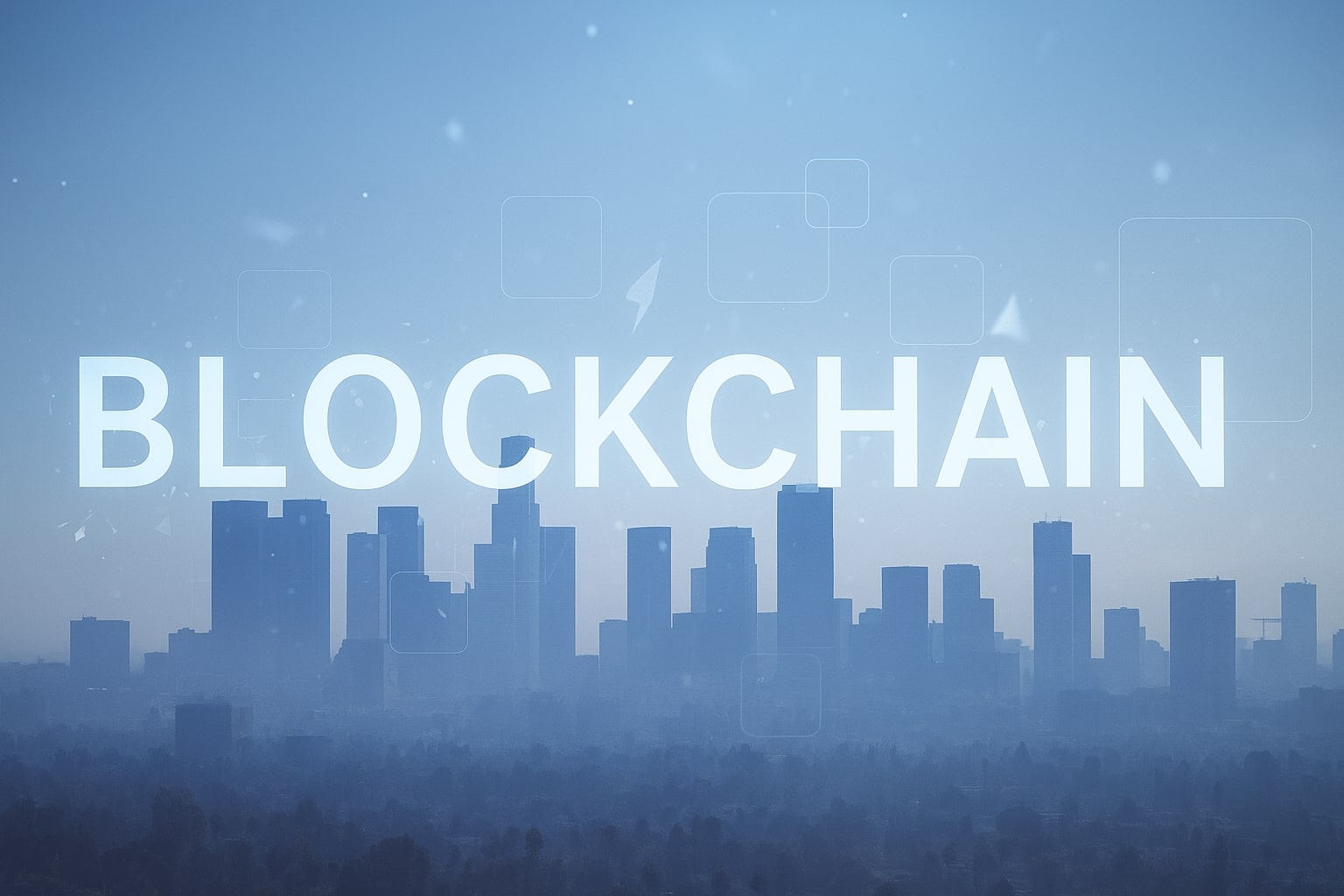 Vue futuriste d’une ville avec le mot Blockchain affiché en grand et des éléments graphiques numériques en surimpression.