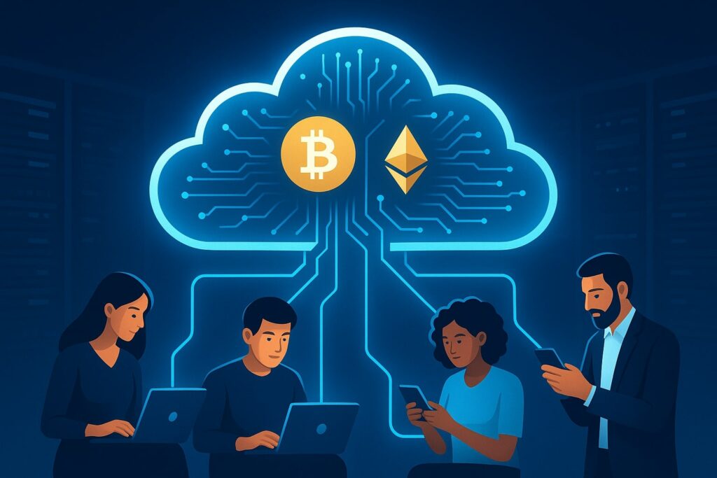 Illustration du cloud mining de cryptomonnaies montrant des utilisateurs connectés à des serveurs de minage dans le cloud