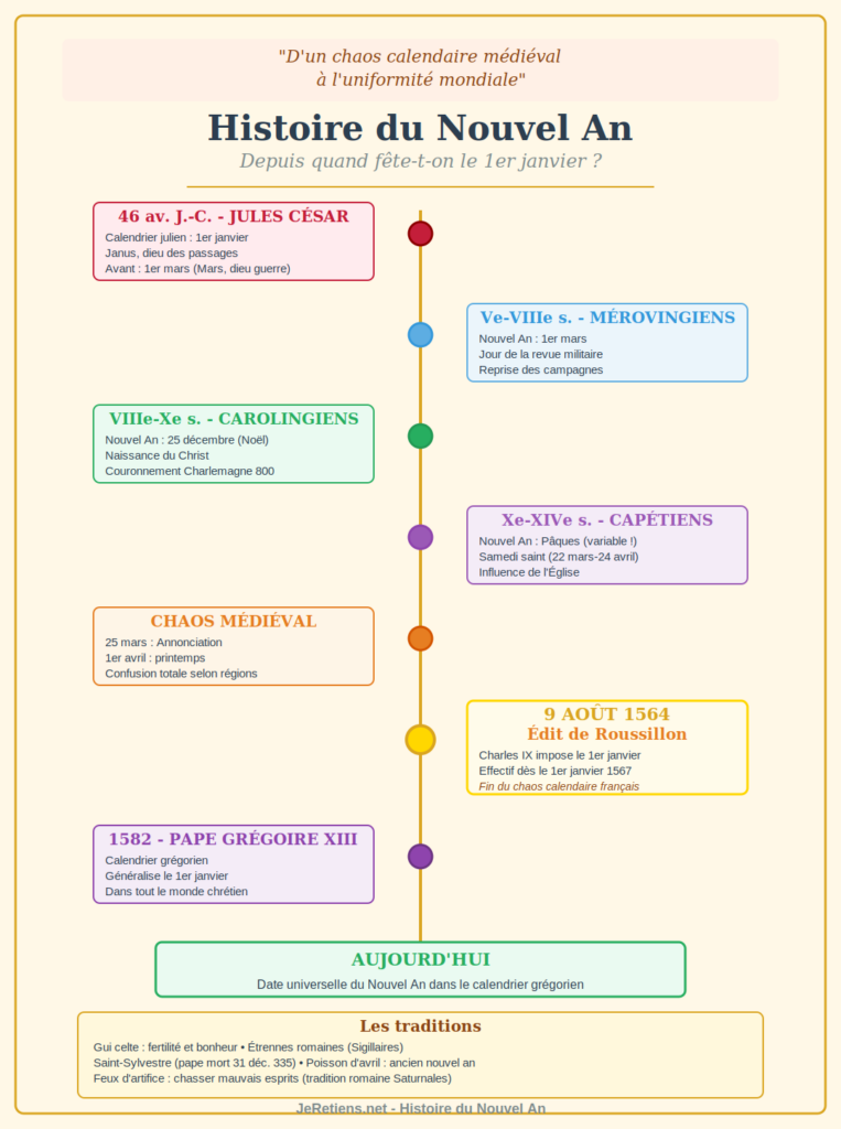 Infographie frise chronologique histoire Nouvel An 1er janvier : Jules César 46 av JC calendrier julien dédié Janus, Mérovingiens Ve-VIIIe siècle 1er mars revue militaire, Carolingiens VIIIe-Xe siècle 25 décembre Noël Charlemagne, Capétiens Xe-XIVe siècle Pâques variable, chaos médiéval 25 mars Annonciation et 1er avril printemps origine poisson avril, Édit Roussillon 9 août 1564 Charles IX impose 1er janvier effectif 1567, calendrier grégorien 1582 Grégoire XIII généralise monde chrétien, encadré traditions gui étrennes Saint-Sylvestre feux artifice.