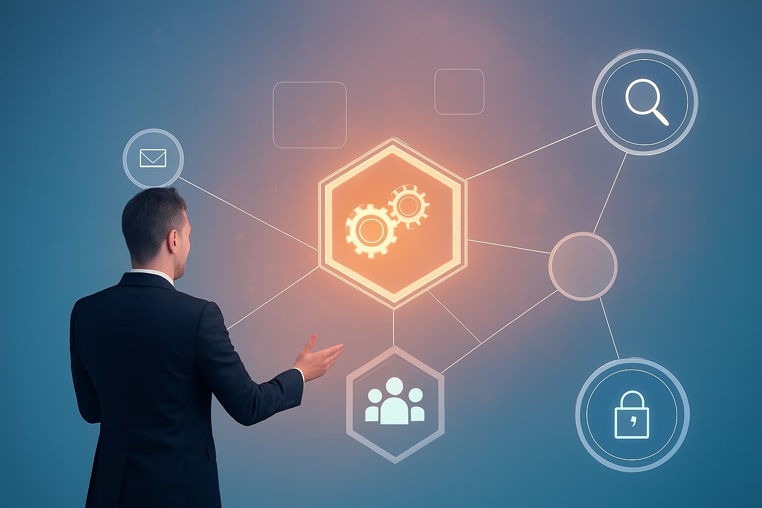 Homme en costume interagissant avec une interface numérique composée d’icônes connectées représentant différents services.
