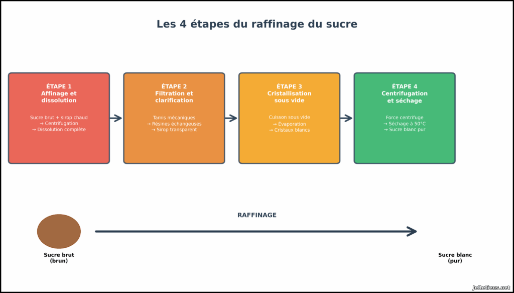Schéma détaillé des 4 étapes du raffinage du sucre : affinage et dissolution, filtration et clarification, cristallisation sous vide, centrifugation et séchage, montrant la transformation du sucre brut brun en sucre blanc pur