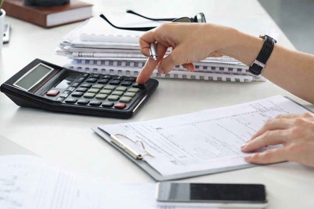 Main utilisant une calculatrice sur un bureau avec des documents financiers pour analyser un investissement