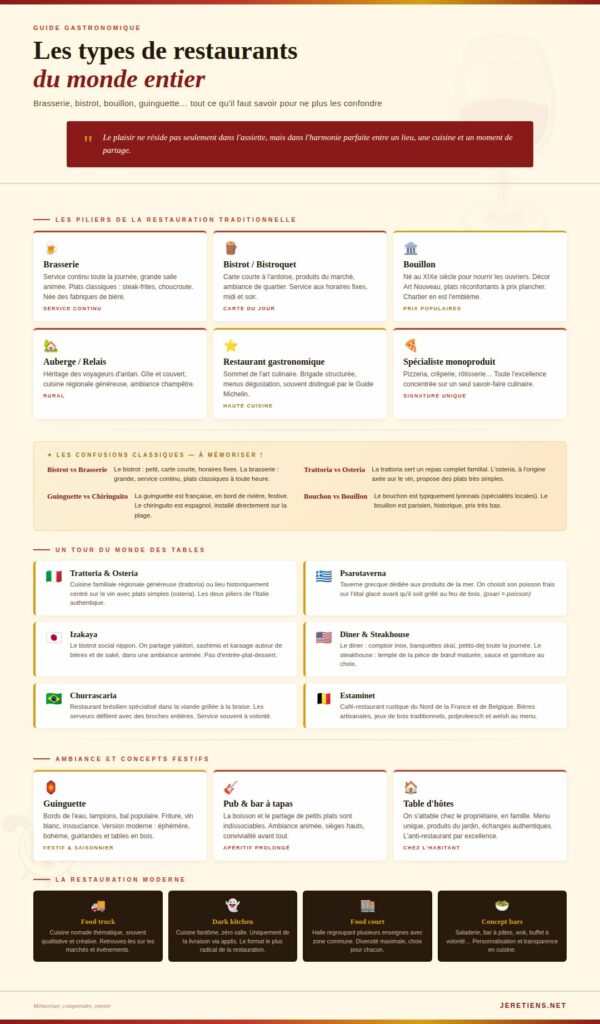 Infographie : les types de restaurants dans le monde — brasserie, bistrot, bouillon, guinguette, trattoria, izakaya et dark kitchen expliqués et comparés