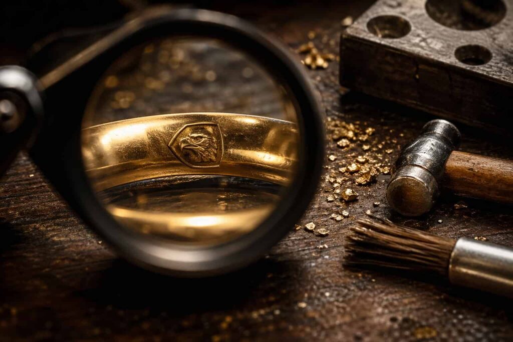 Bague en or avec poinçon tête d’aigle observée à la loupe sur un établi de joaillier