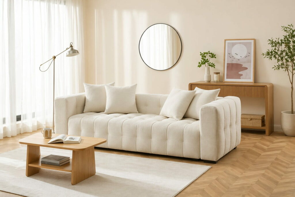 Canapé droit molletonné en tissu bouclé blanc crème dans un salon lumineux de style scandinave avec table basse en bois.