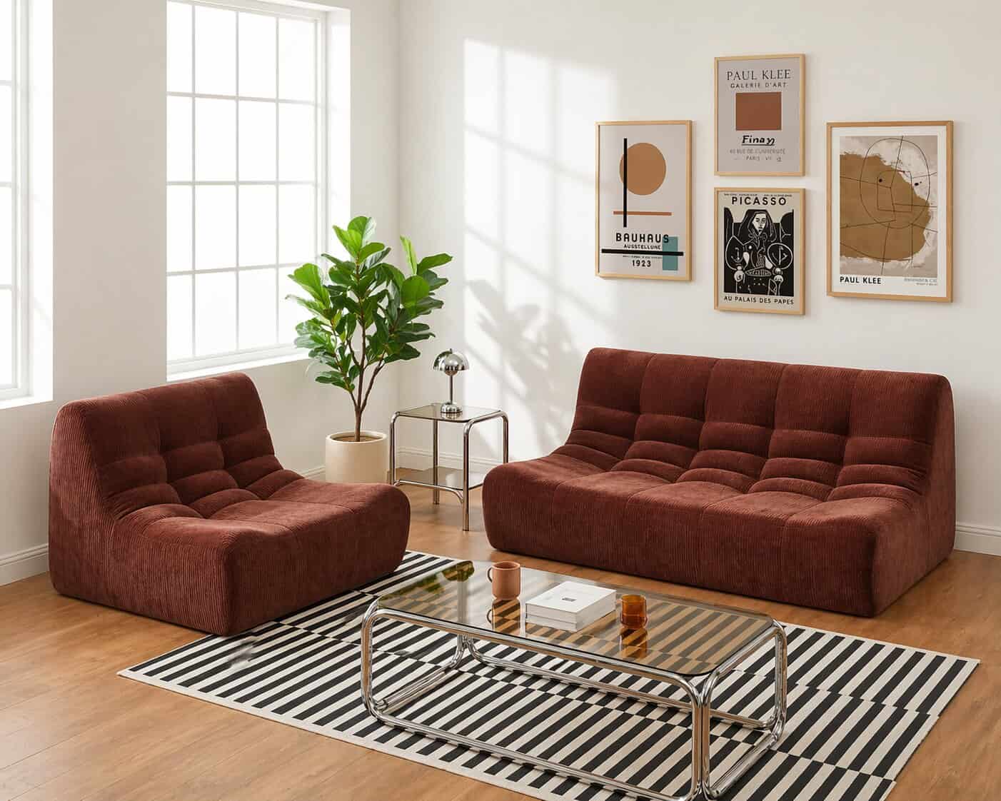 Ensemble de canapé et fauteuil bas en velours côtelé marron terre de sienne avec table basse en verre et métal chromé.