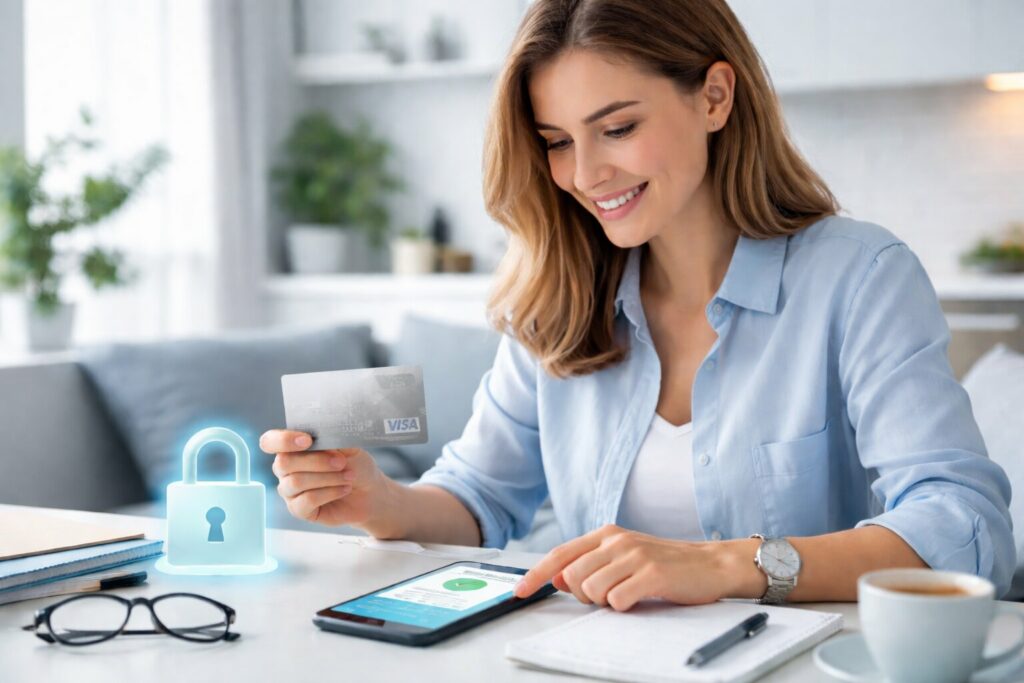 Femme effectuant un paiement en ligne avec une carte prépayée sur smartphone en toute sécurité