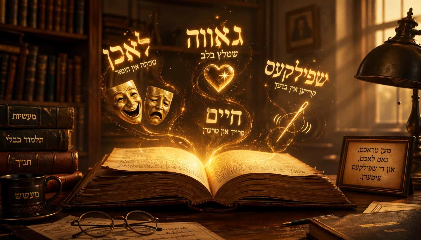 Livre ancien ouvert dans une bibliothèque chaleureuse avec des mots lumineux en calligraphie hébraïque flottant au-dessus, accompagnés de symboles d’émotions (masques comédie/tristesse, cœur, aiguille vibrante).