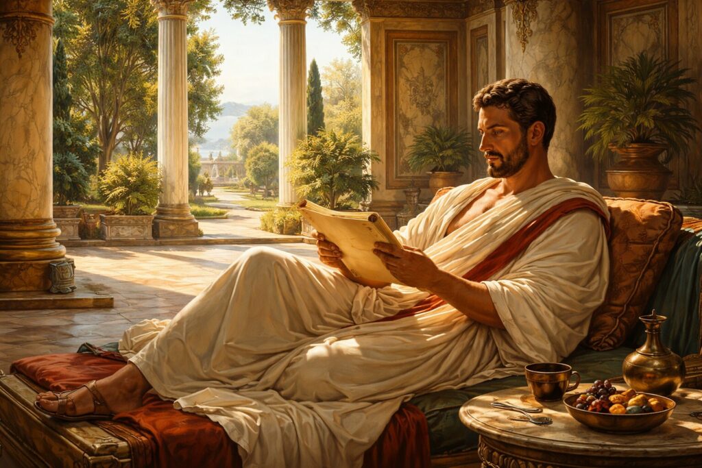 Patricien romain en toge allongé sur un triclinium, lisant un rouleau dans une villa aux colonnes de marbre — illustration de l'otium, idéal du loisir studieux dans l'Antiquité romaine.