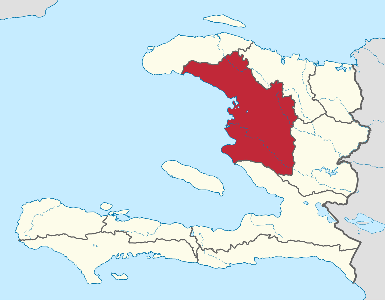 Carte géographique d'Haïti mettant en évidence le département de l'Artibonite coloré en rouge vif, un territoire clé du vaudou et des récits de zombification.