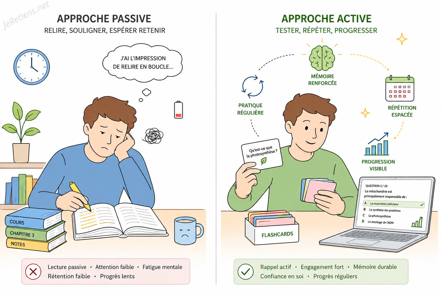Illustration en style ligne claire comparant une méthode d’apprentissage passive et une méthode active avec flashcards, quiz, mémoire renforcée et répétition espacée.