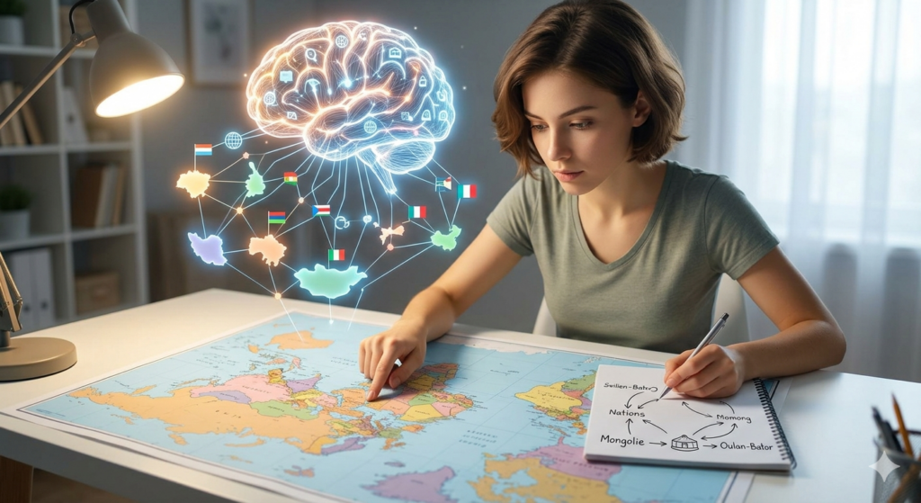 Étudiante utilisant la mémorisation active avec une carte du monde et un schéma de cerveau lumineux symbolisant les connexions mémorielles.