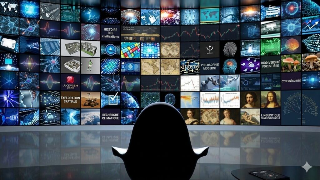 Personne de dos face à un mur d'écrans numériques affichant des données scientifiques, historiques et philosophiques.