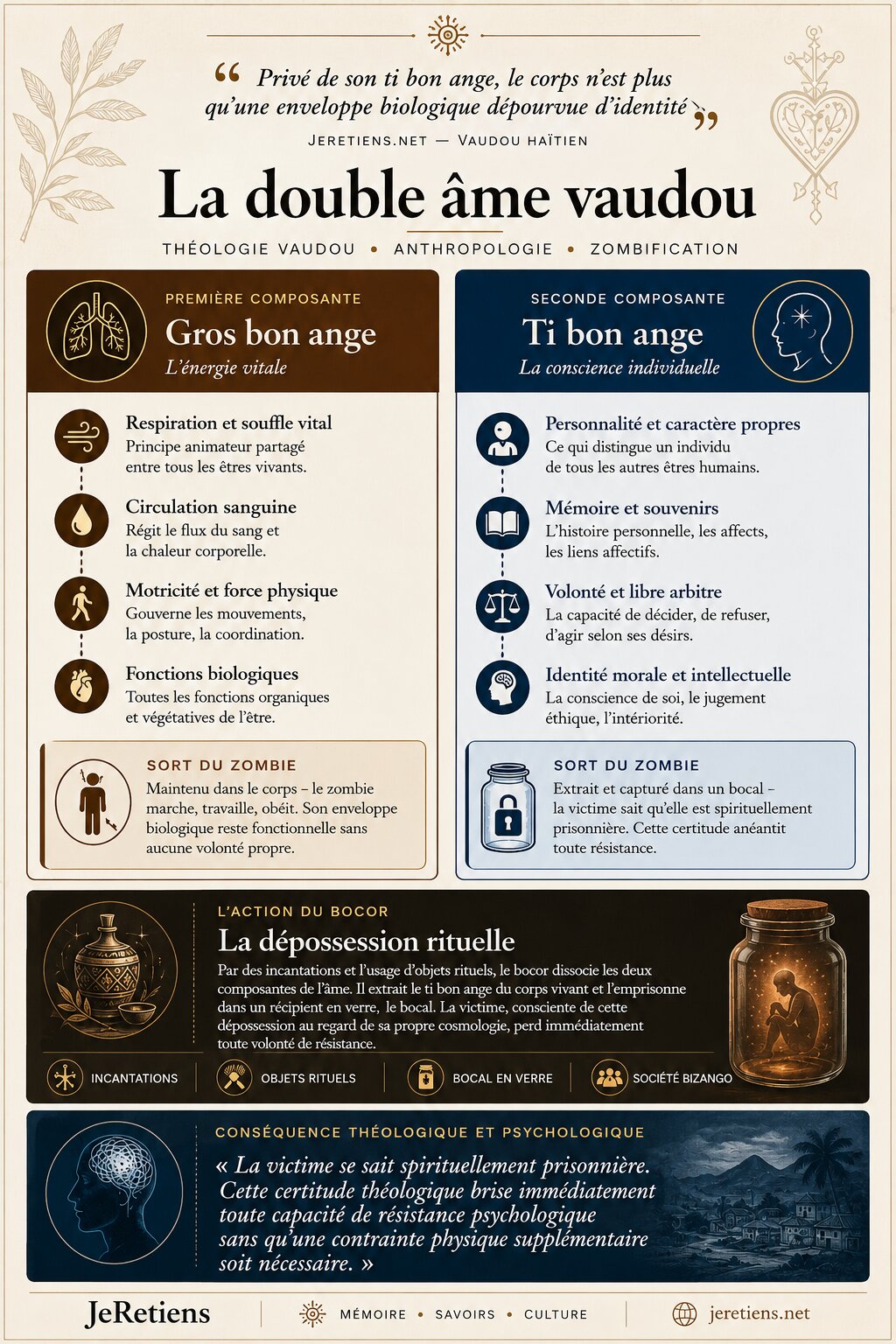 Infographie pédagogique intitulée La double âme vaudou, détaillant les concepts de Gros bon ange et Ti bon ange dans la théologie et la zombification en Haïti.