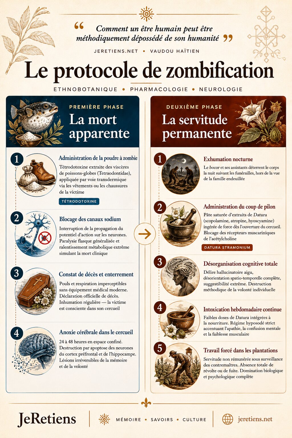 Infographie didactique décrivant Le protocole de zombification en deux grandes phases biochimiques et médicales : la mort apparente par tétrodotoxine et la servitude permanente par le Datura.