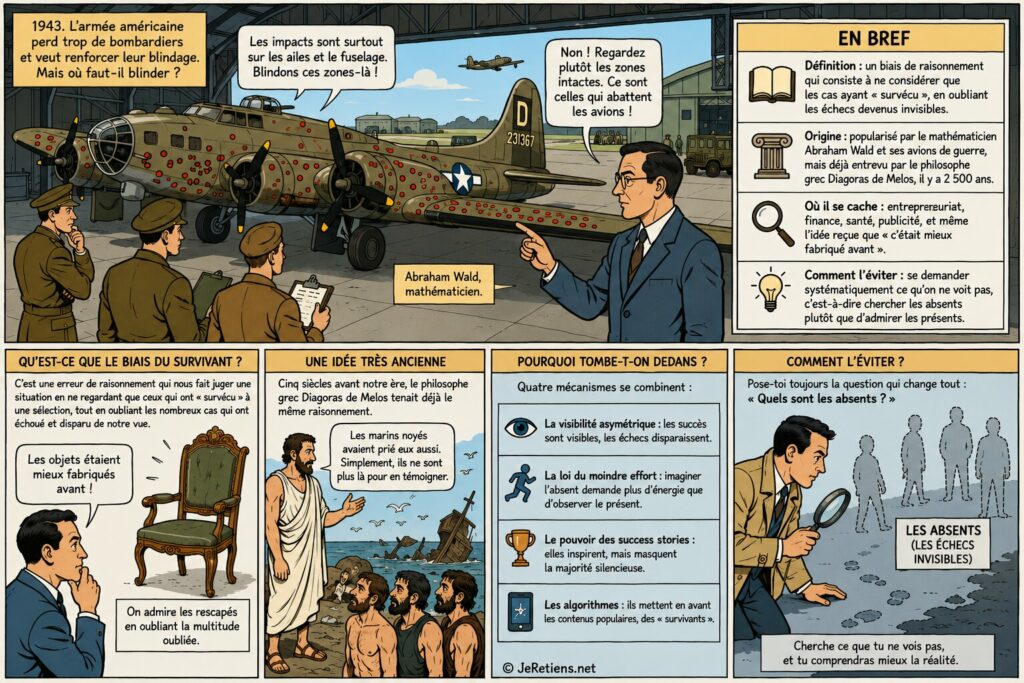 Illustration du biais du survivant avec Abraham Wald analysant les impacts de balles sur un bombardier américain pendant la Seconde Guerre mondiale
