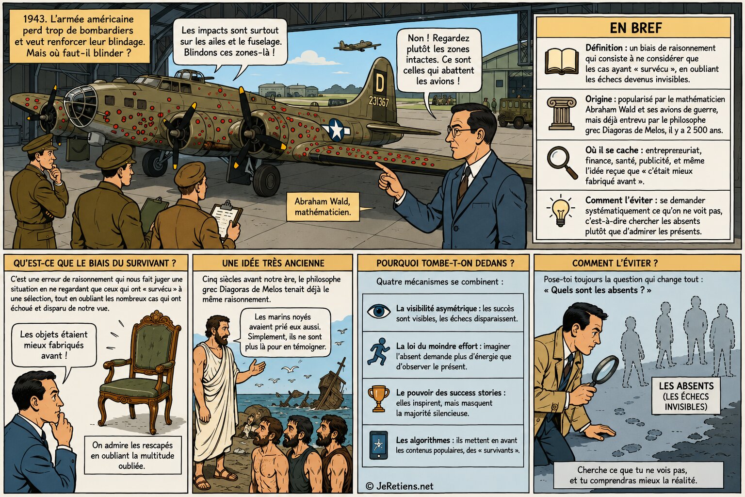 Illustration du biais du survivant avec Abraham Wald analysant les impacts de balles sur un bombardier américain pendant la Seconde Guerre mondiale