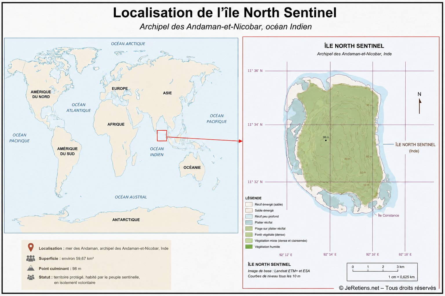Carte de localisation de l'île North Sentinel dans l'archipel des Andaman-et-Nicobar, avec sa position dans l'océan Indien et une carte topographique détaillée de l'île.