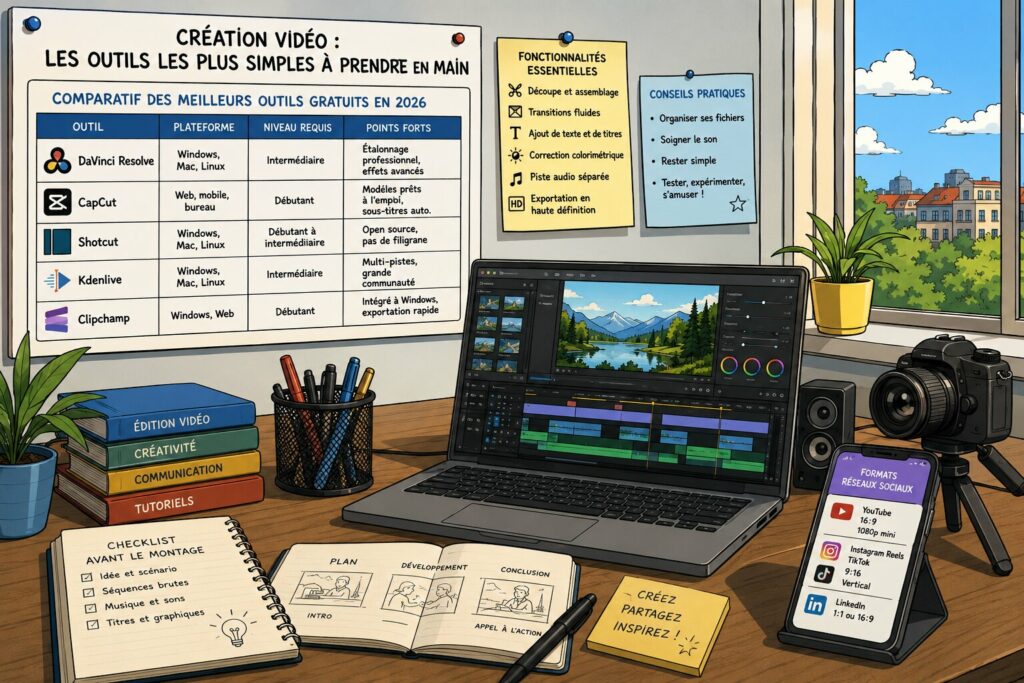 Illustration d'un espace de travail avec un logiciel de montage vidéo et des outils gratuits pour créer des vidéos facilement en 2026.