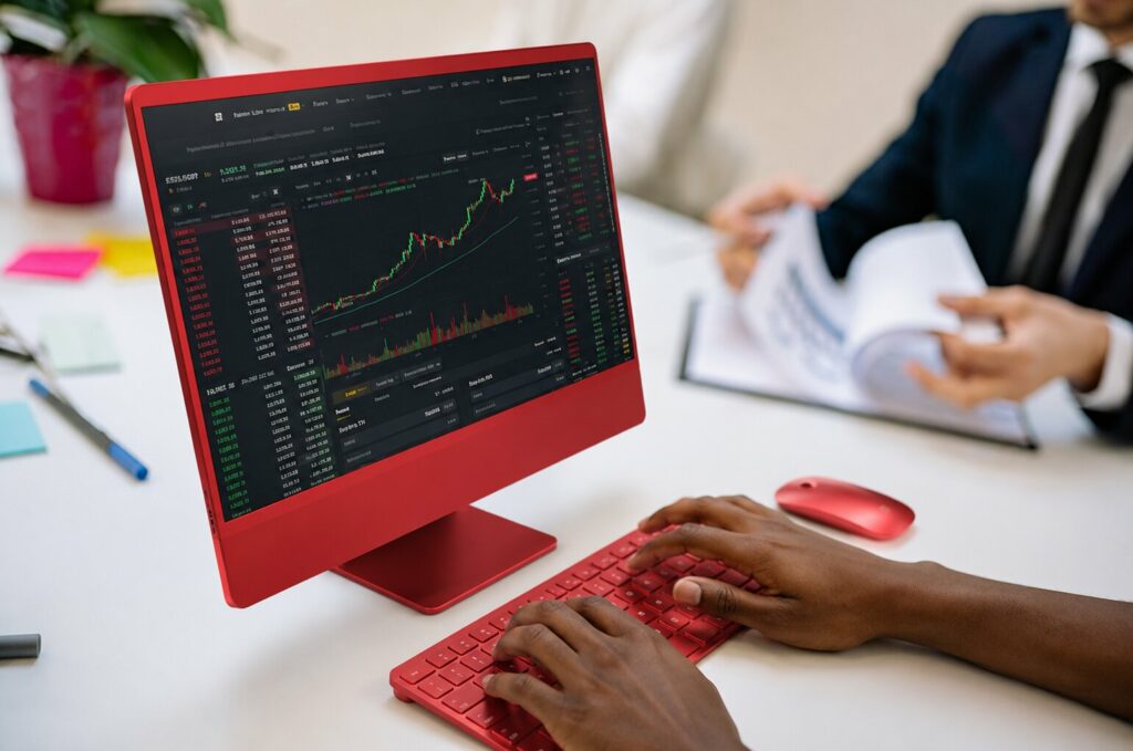 Ordinateur tout-en-un rouge affichant un graphique boursier avec des cours en temps réel, utilisé par un investisseur.