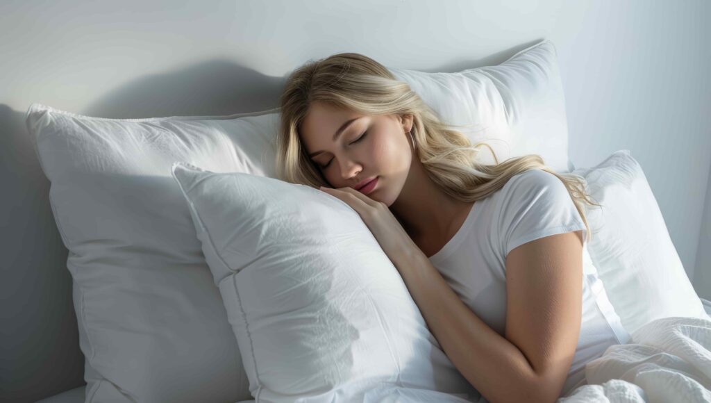 Femme qui dort sur une pile d'oreiller