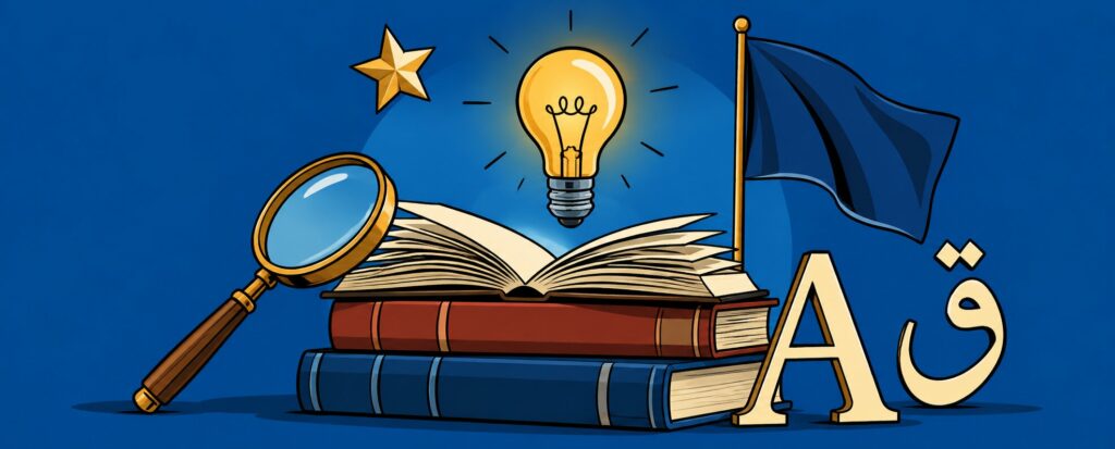 Illustration en style ligne claire représentant l’apprentissage avec des livres ouverts et empilés, une loupe, une ampoule allumée, une étoile, un drapeau et les lettres A et ق.