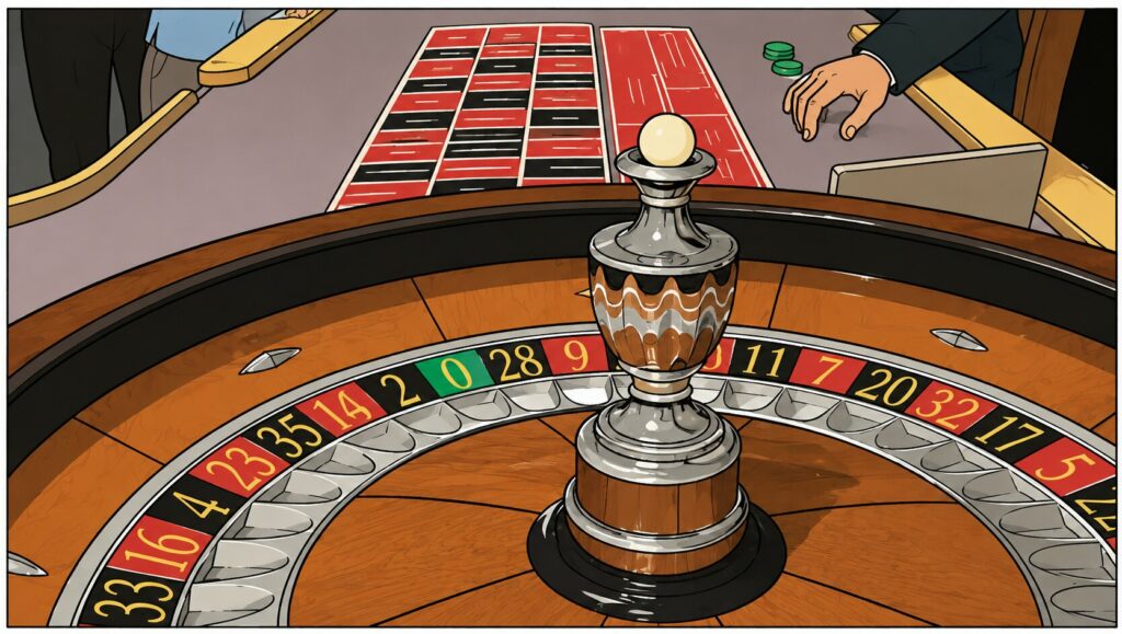 Roulette de casino vue de près avec sa bille blanche et son cylindre central.