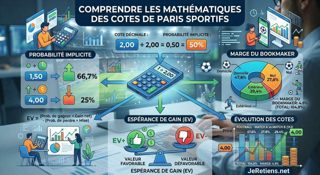 Infographie explicative sur la mathématique des cotes de paris sportifs : calcul de la probabilité implicite, marge du bookmaker, espérance de gain et évolution des cotes.