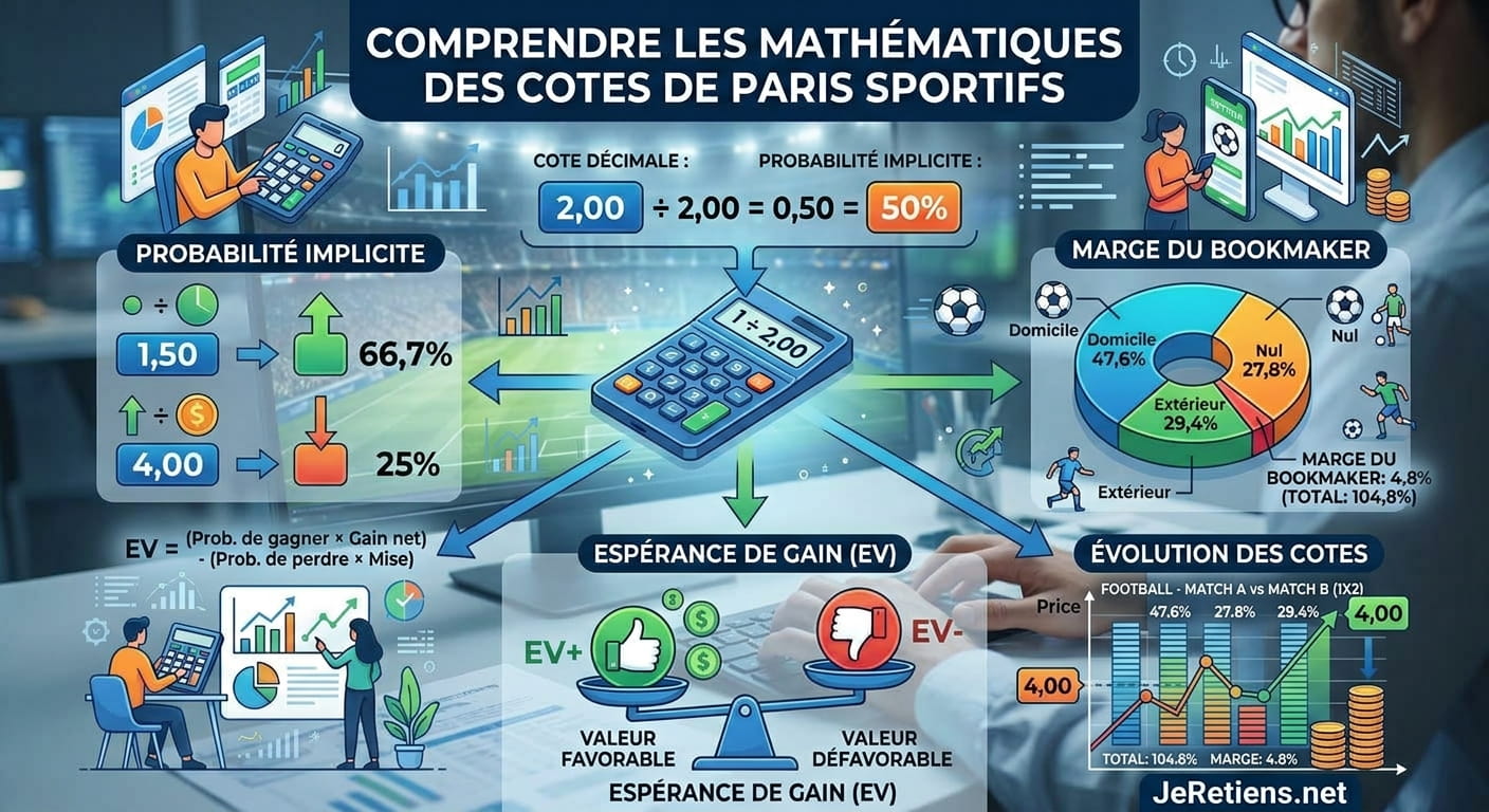 Infographie explicative sur la mathématique des cotes de paris sportifs : calcul de la probabilité implicite, marge du bookmaker, espérance de gain et évolution des cotes.