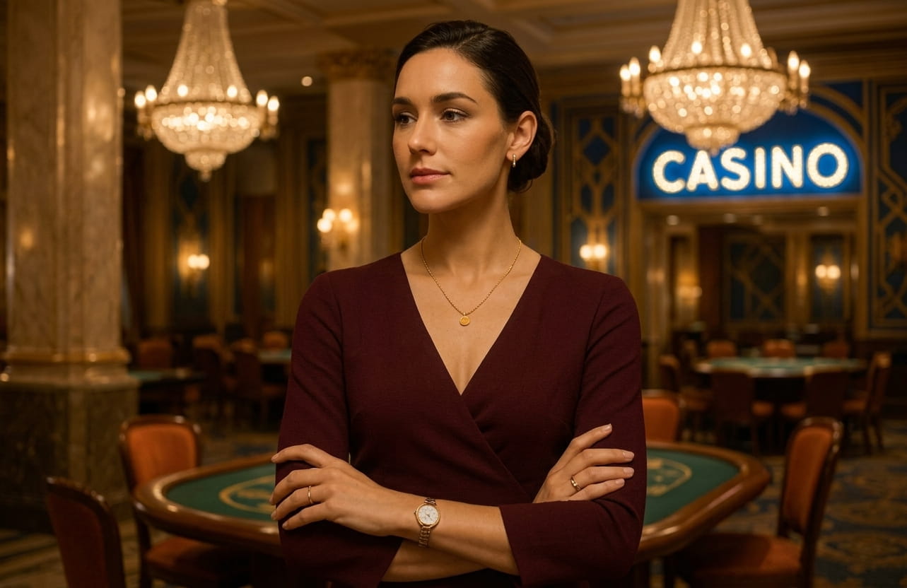Femme élégante en robe bordeaux les bras croisés dans un casino luxueux