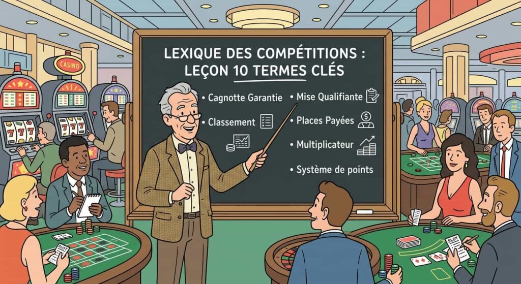Illustration style ligne claire d'un professeur enseignant le vocabulaire des tournois de machines à sous sur un tableau noir au milieu d'un casino animé.