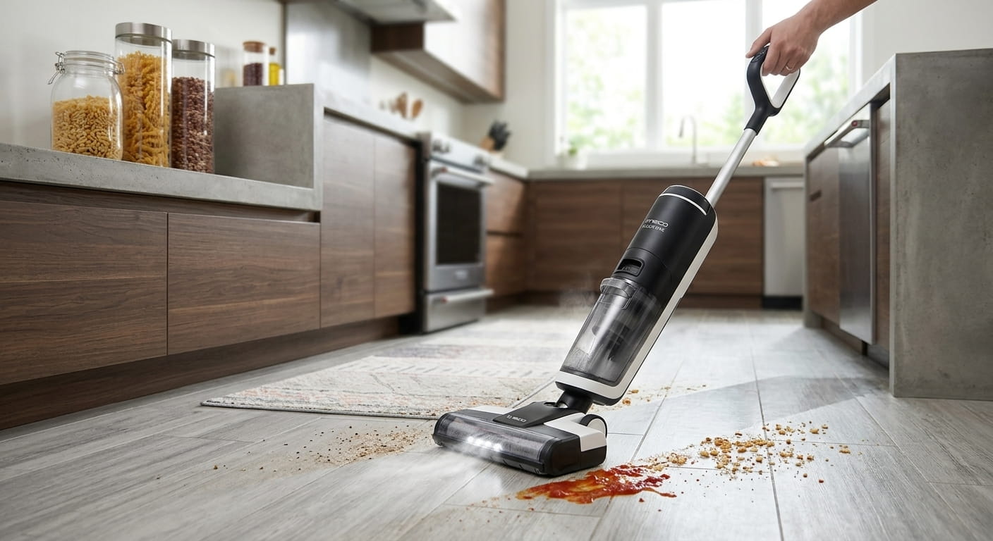 Photographie réaliste d'un aspirateur balai laveur en action sur un sol de cuisine, nettoyant des résidus et projetant de la vapeur.