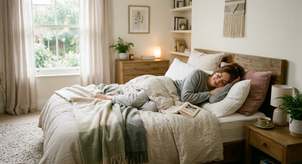 Une personne installée confortablement dans un lit douillet au sein d'une chambre lumineuse, apaisante et bien décorée.